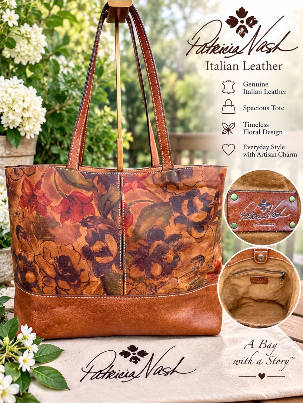 Patricia Nash Burnished Floral Oil Painting Leather Tote Bag